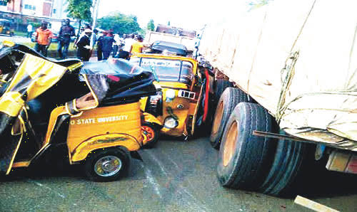 Trailer Crushes Tricycles in Onitsha